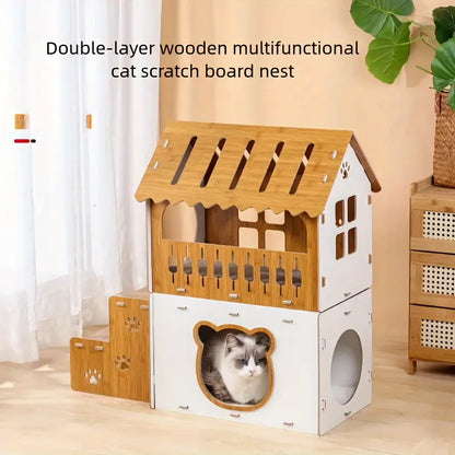 Villa-Style Cat Scratcher Cardboard House - Plaid Pattern