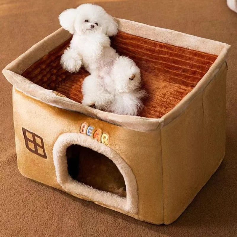 Foldable Soft Pet House And Bed Detachable Cave-Style Nest Brown